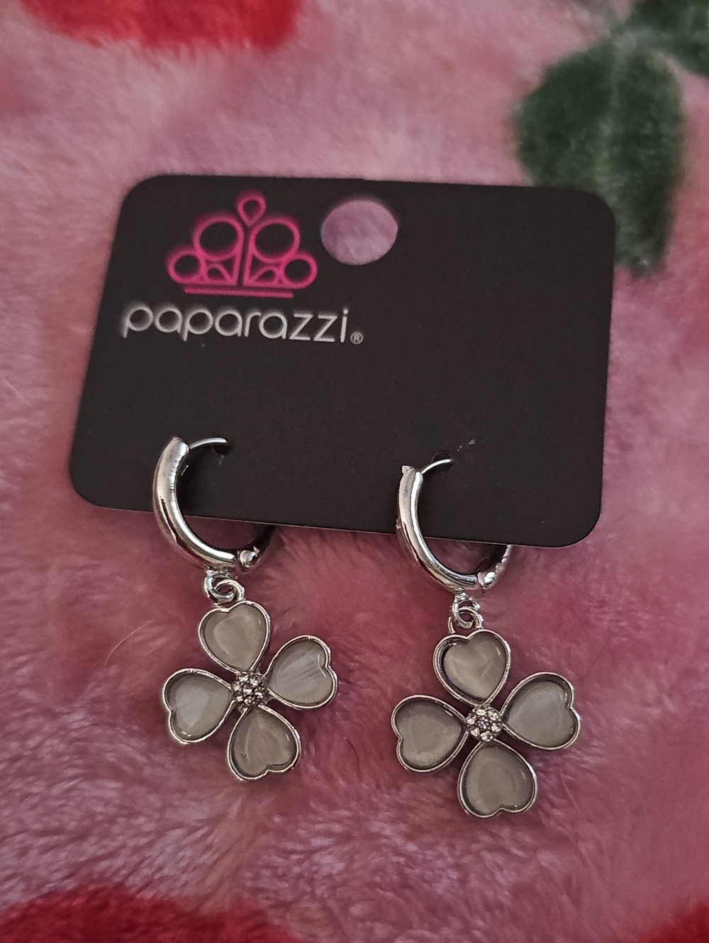 Paparazzi Silver White Clover Heart Hoop Earrings